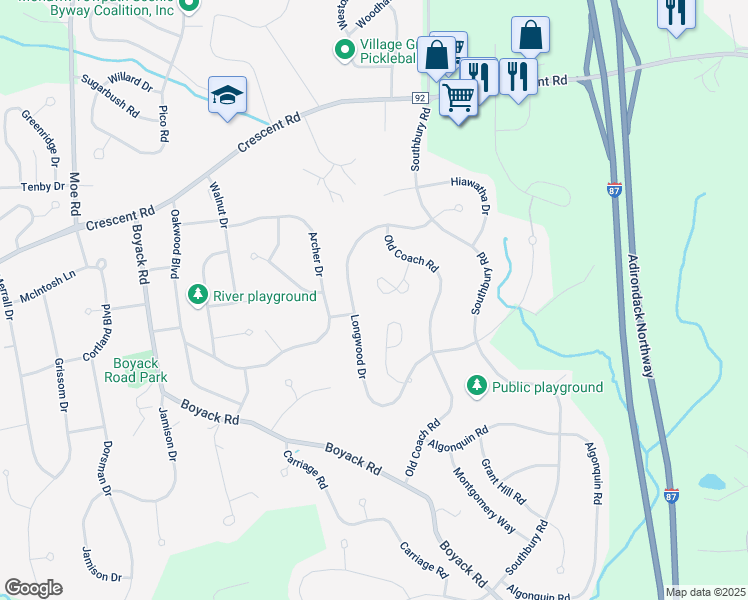 map of restaurants, bars, coffee shops, grocery stores, and more near 36 Tekakwitha Court in Saratoga County