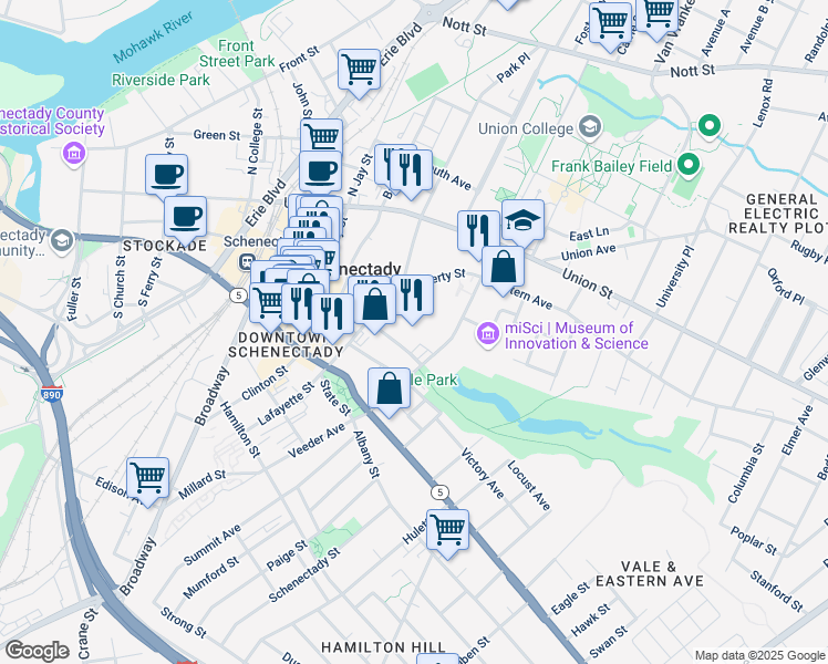 map of restaurants, bars, coffee shops, grocery stores, and more near 100 Nott Terrace in Schenectady