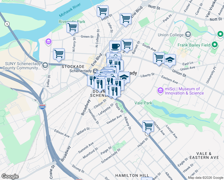map of restaurants, bars, coffee shops, grocery stores, and more near 148 Clinton Street in Schenectady