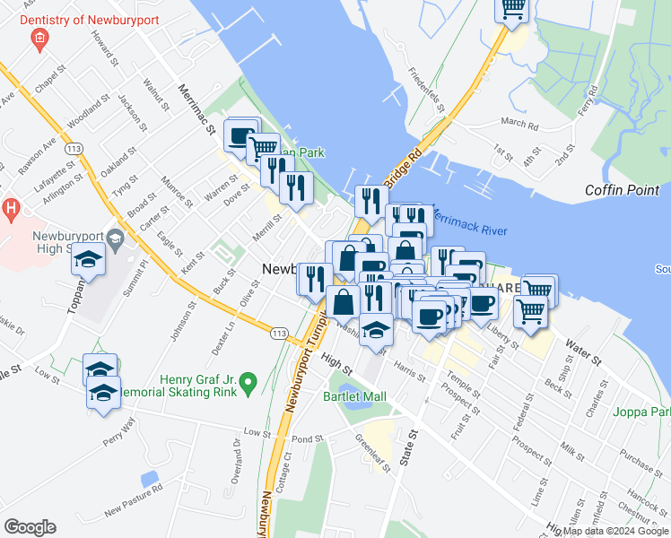 map of restaurants, bars, coffee shops, grocery stores, and more near 92 Merrimac Street in Newburyport