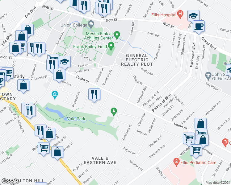 map of restaurants, bars, coffee shops, grocery stores, and more near 1019 Wendell Avenue in Schenectady