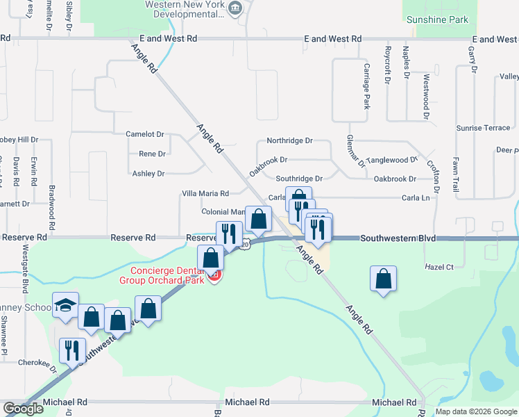 map of restaurants, bars, coffee shops, grocery stores, and more near 88 Angle Road in Buffalo