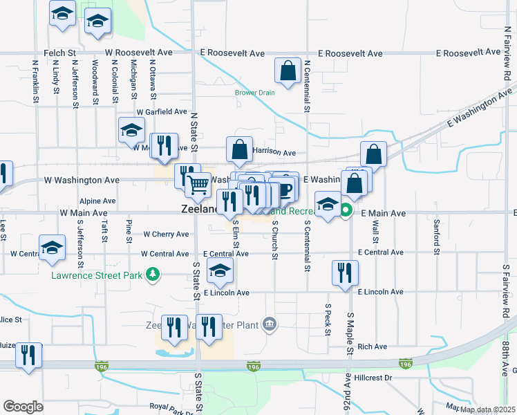 map of restaurants, bars, coffee shops, grocery stores, and more near 20 North Church Street in Zeeland