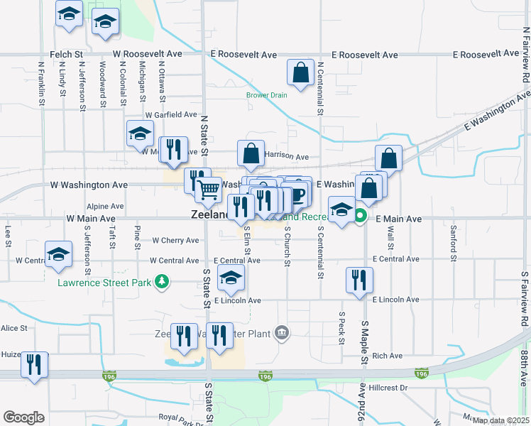 map of restaurants, bars, coffee shops, grocery stores, and more near 101 East Main Avenue in Zeeland