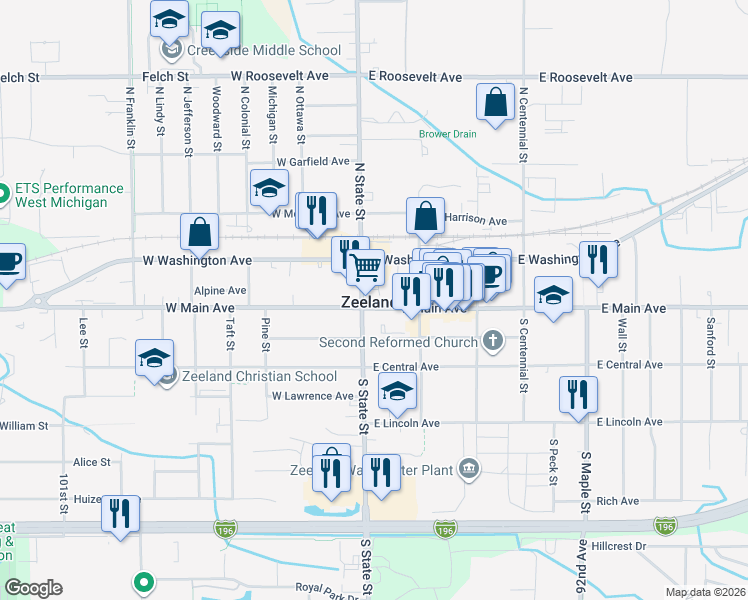 map of restaurants, bars, coffee shops, grocery stores, and more near in Zeeland