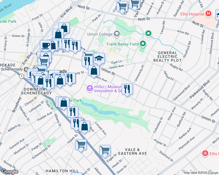 map of restaurants, bars, coffee shops, grocery stores, and more near 758 Eastern Avenue in Schenectady