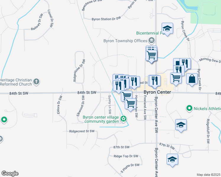 map of restaurants, bars, coffee shops, grocery stores, and more near 2697 84th Street Southwest in Byron Center