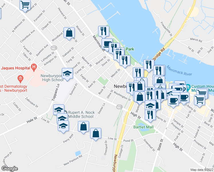 map of restaurants, bars, coffee shops, grocery stores, and more near 9 Buck Street in Newburyport