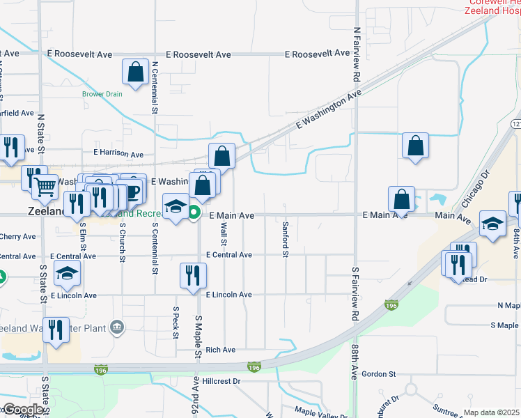 map of restaurants, bars, coffee shops, grocery stores, and more near 553 East Main Avenue in Zeeland