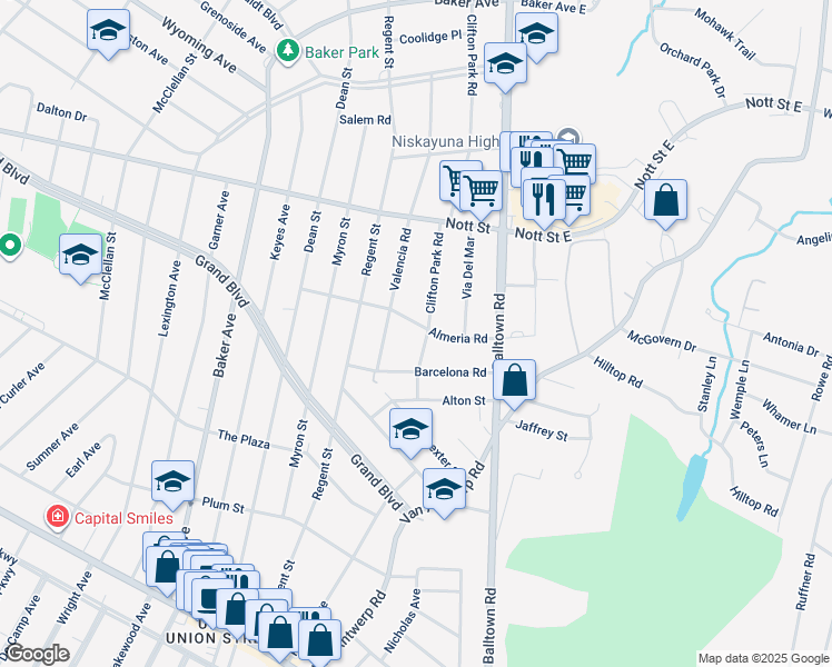 map of restaurants, bars, coffee shops, grocery stores, and more near 2216 Almeria Road in Schenectady County