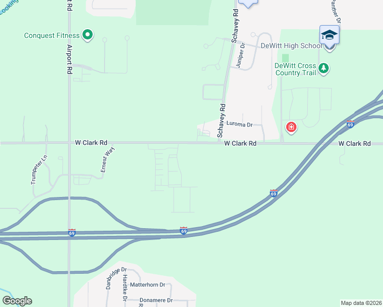 map of restaurants, bars, coffee shops, grocery stores, and more near 3501 West Clark Road in Lansing