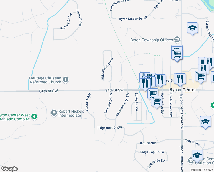 map of restaurants, bars, coffee shops, grocery stores, and more near 8375 Ridgestone Drive Southwest in Byron Center