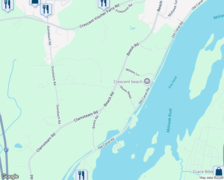 map of restaurants, bars, coffee shops, grocery stores, and more near 87 Beach Road in Saratoga County