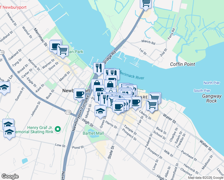map of restaurants, bars, coffee shops, grocery stores, and more near 38R Merrimac Street in Newburyport