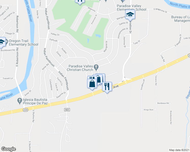 map of restaurants, bars, coffee shops, grocery stores, and more near 185 Valley Drive in Casper
