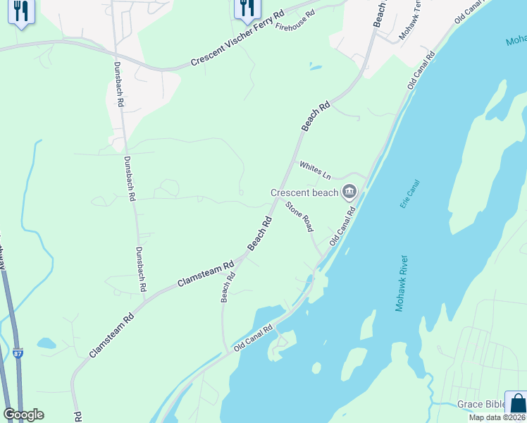 map of restaurants, bars, coffee shops, grocery stores, and more near 87 Beach Road in Saratoga County