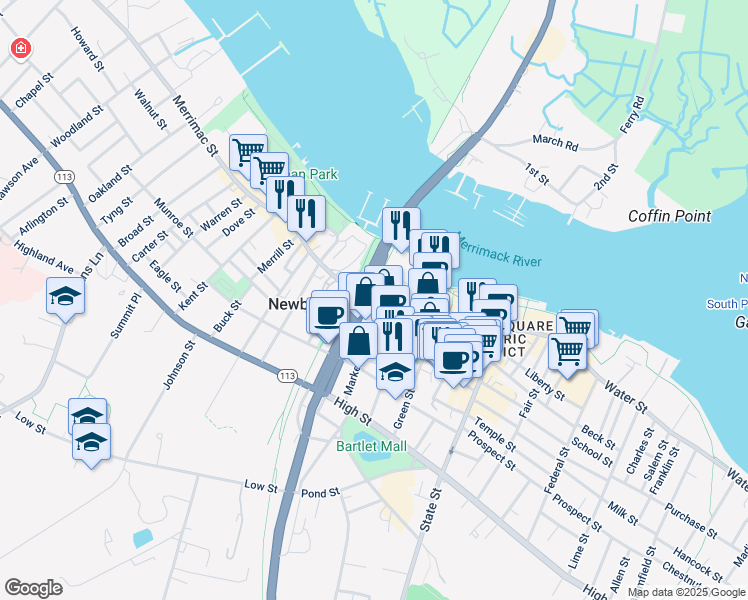 map of restaurants, bars, coffee shops, grocery stores, and more near 92 Merrimac Street in Newburyport