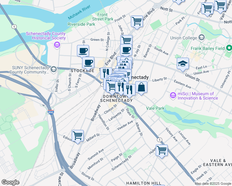 map of restaurants, bars, coffee shops, grocery stores, and more near 433 State Street in Schenectady