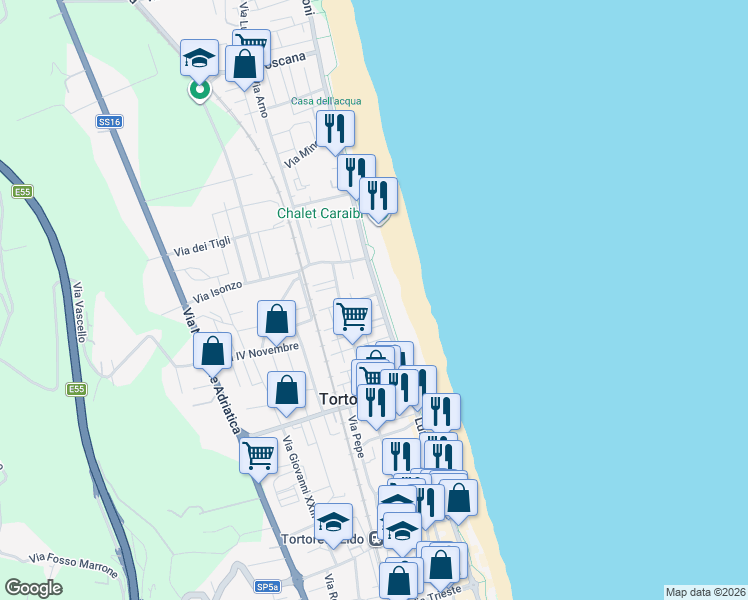 map of restaurants, bars, coffee shops, grocery stores, and more near 5 Via Nino Bixio in Tortoreto Lido