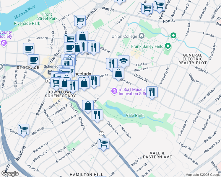 map of restaurants, bars, coffee shops, grocery stores, and more near 1 Nott Terrace Heights in Schenectady