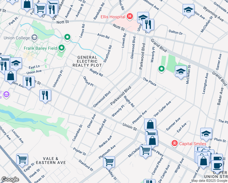 map of restaurants, bars, coffee shops, grocery stores, and more near 1088 Glenwood Boulevard in Schenectady