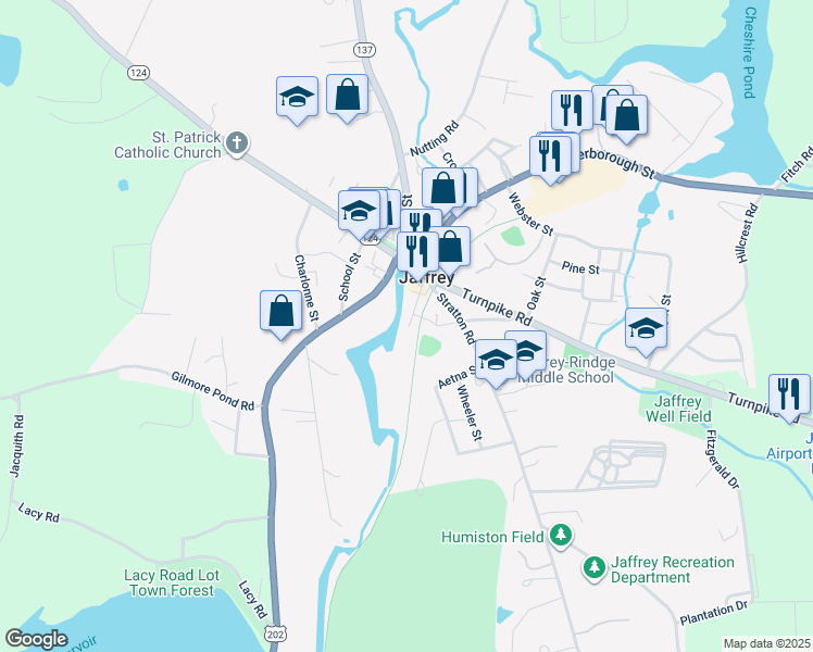 map of restaurants, bars, coffee shops, grocery stores, and more near 9 Blake Street in Jaffrey