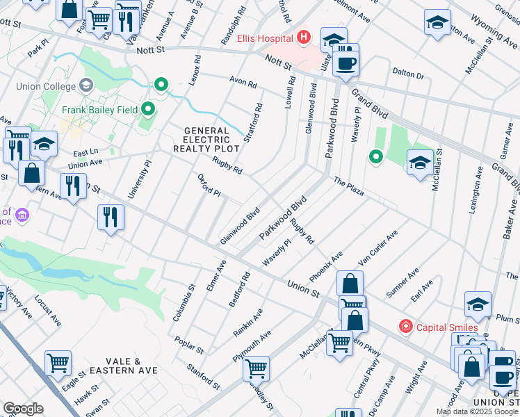 map of restaurants, bars, coffee shops, grocery stores, and more near 1088 Glenwood Boulevard in Schenectady
