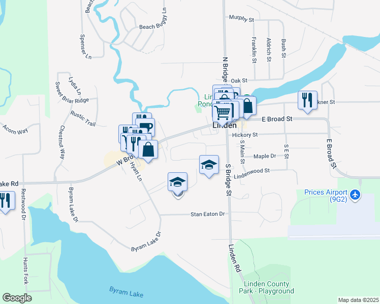 map of restaurants, bars, coffee shops, grocery stores, and more near 202 South Bridge Street in Linden