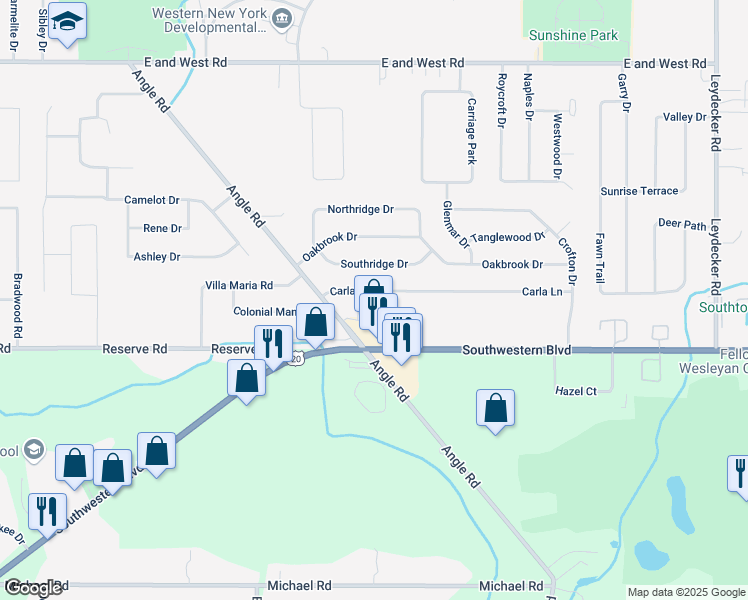 map of restaurants, bars, coffee shops, grocery stores, and more near 25 Carla Lane in Buffalo