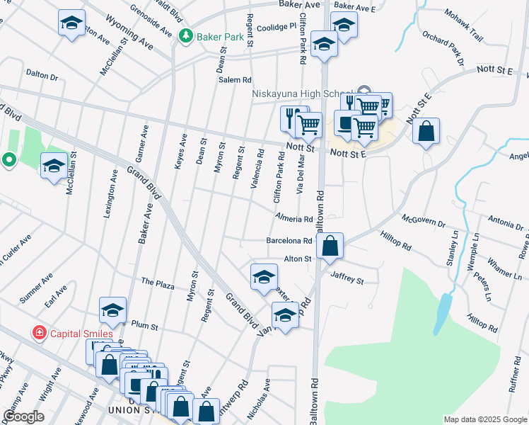 map of restaurants, bars, coffee shops, grocery stores, and more near 2216 Almeria Road in Schenectady County