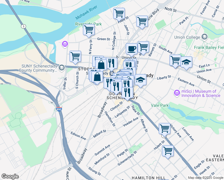 map of restaurants, bars, coffee shops, grocery stores, and more near 400 State Street in Schenectady
