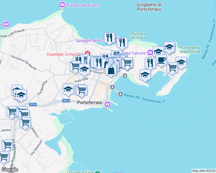 map of restaurants, bars, coffee shops, grocery stores, and more near 2 Viale Elba in Portoferraio