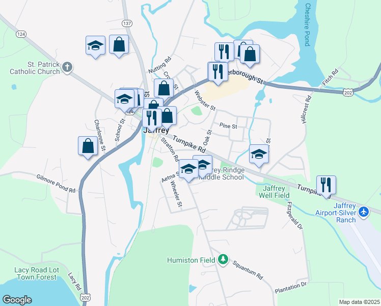 map of restaurants, bars, coffee shops, grocery stores, and more near 9 Ellison Street in Jaffrey