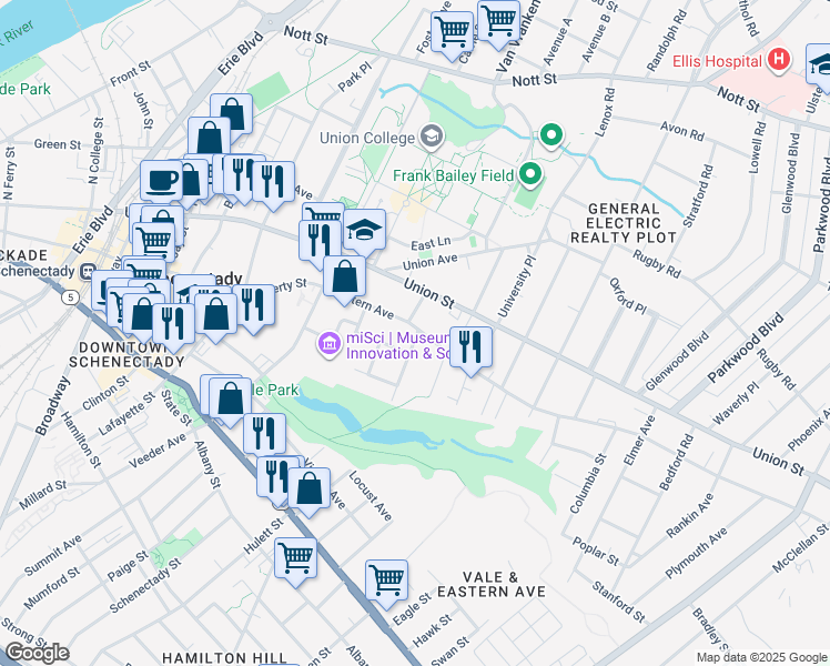 map of restaurants, bars, coffee shops, grocery stores, and more near 758 Eastern Avenue in Schenectady