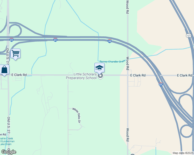 map of restaurants, bars, coffee shops, grocery stores, and more near 1720 East Clark Road in Lansing