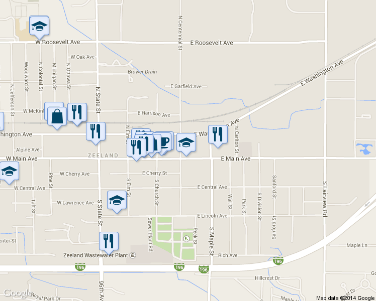 map of restaurants, bars, coffee shops, grocery stores, and more near 315 E Main Ave in Zeeland