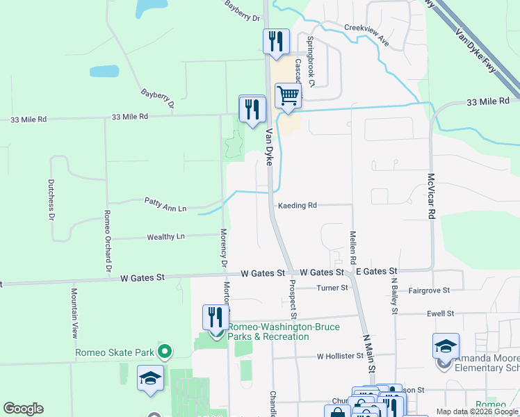 map of restaurants, bars, coffee shops, grocery stores, and more near 70574 Hillside Court in Macomb County