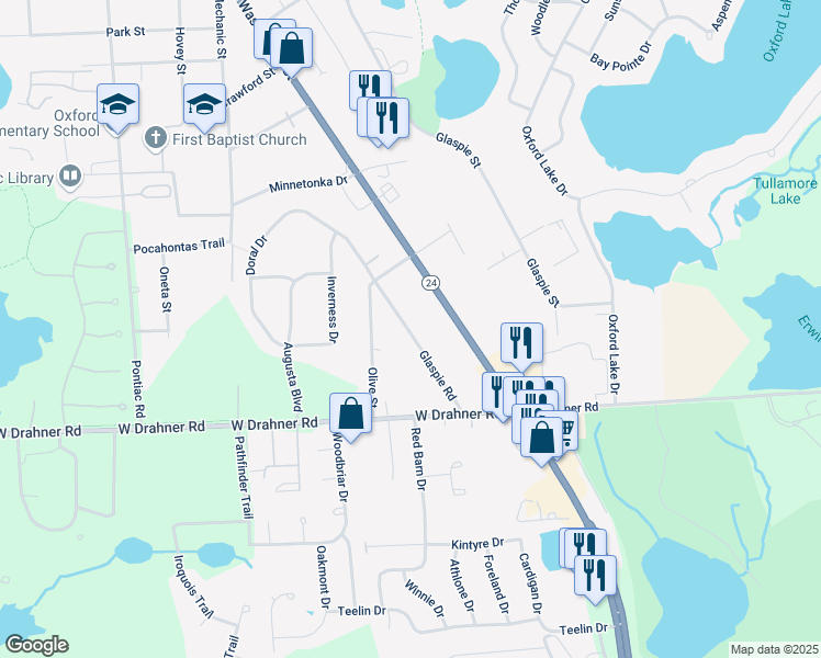 map of restaurants, bars, coffee shops, grocery stores, and more near 770 Glaspie Road in Oakland County