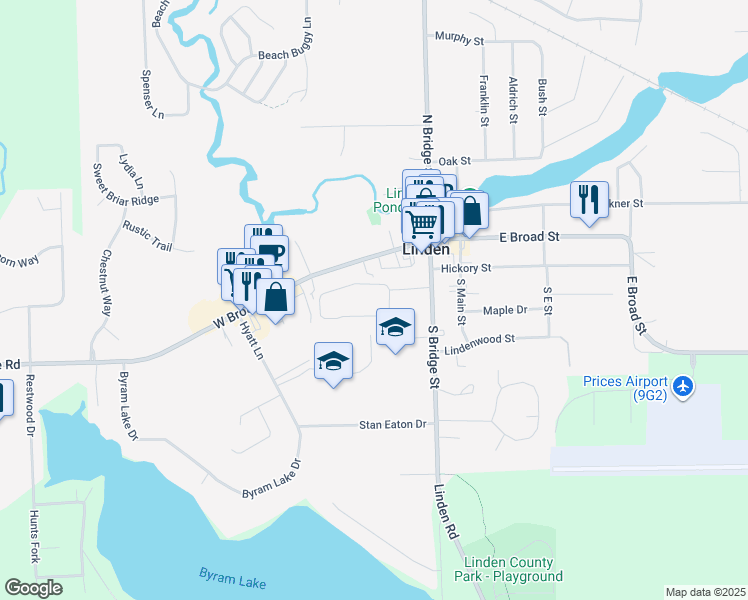map of restaurants, bars, coffee shops, grocery stores, and more near 202 South Bridge Street in Linden