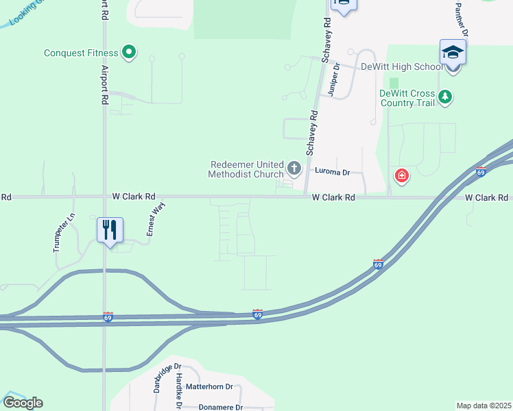 map of restaurants, bars, coffee shops, grocery stores, and more near 3505 West Clark Road in DeWitt