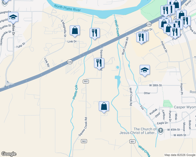 map of restaurants, bars, coffee shops, grocery stores, and more near 2600 Squaw Creek Rd in Casper