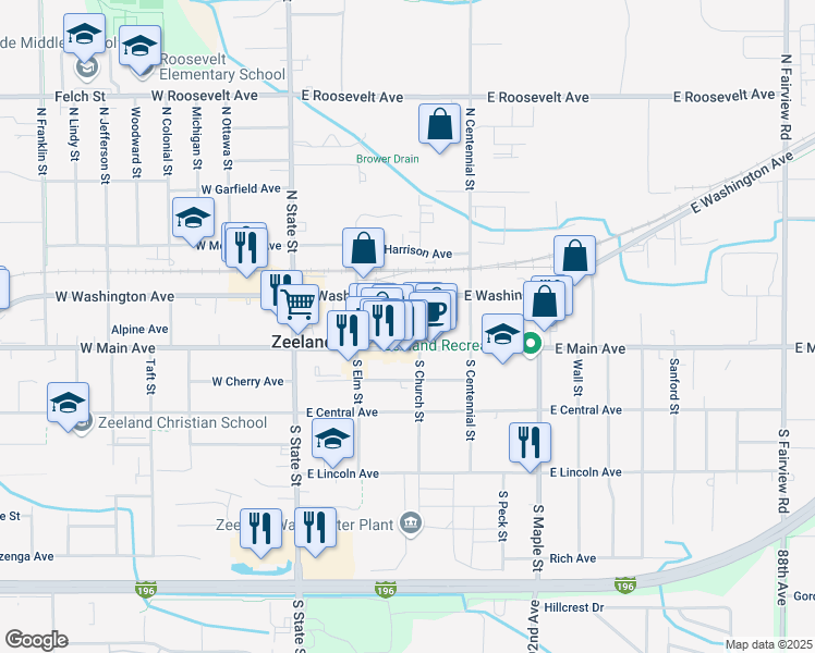 map of restaurants, bars, coffee shops, grocery stores, and more near 20 North Church Street in Zeeland