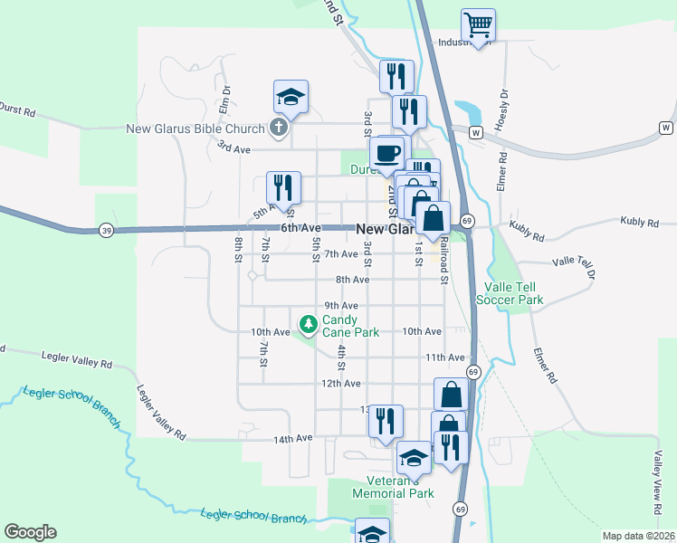 map of restaurants, bars, coffee shops, grocery stores, and more near 306 8th Avenue in New Glarus