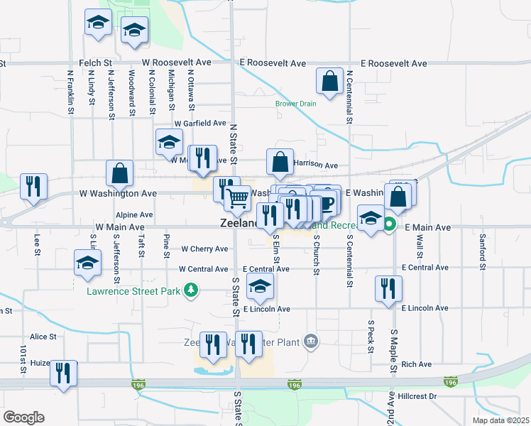 map of restaurants, bars, coffee shops, grocery stores, and more near 18 North Elm Street in Zeeland
