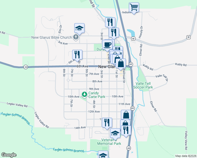 map of restaurants, bars, coffee shops, grocery stores, and more near 306 8th Ave in New Glarus