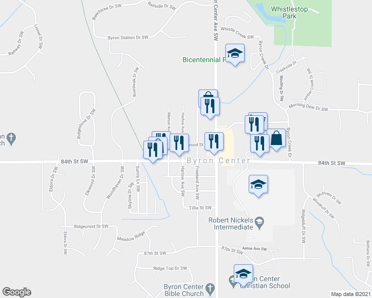 map of restaurants, bars, coffee shops, grocery stores, and more near 8360 Harlow Avenue Southwest in Byron Center