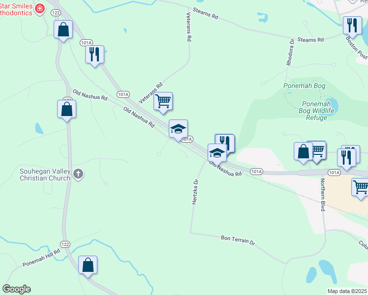 map of restaurants, bars, coffee shops, grocery stores, and more near 37 Old Nashua Road in Amherst