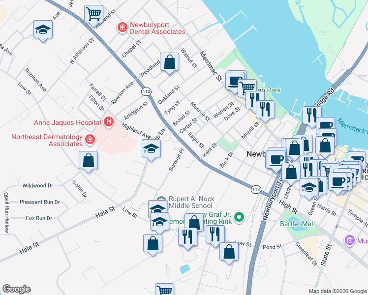 map of restaurants, bars, coffee shops, grocery stores, and more near in Newburyport