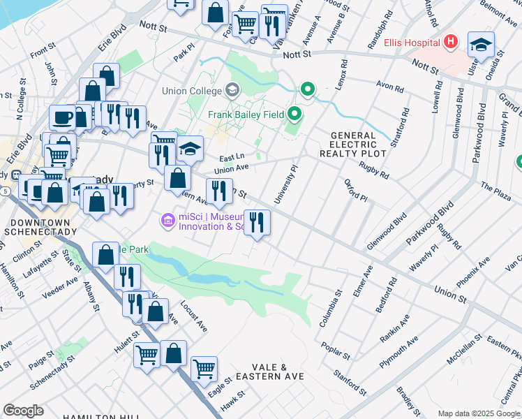 map of restaurants, bars, coffee shops, grocery stores, and more near 862 Union Street in Schenectady