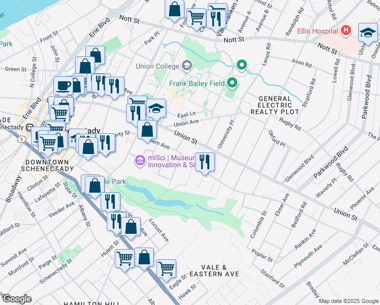 map of restaurants, bars, coffee shops, grocery stores, and more near 844 Union Street in Schenectady